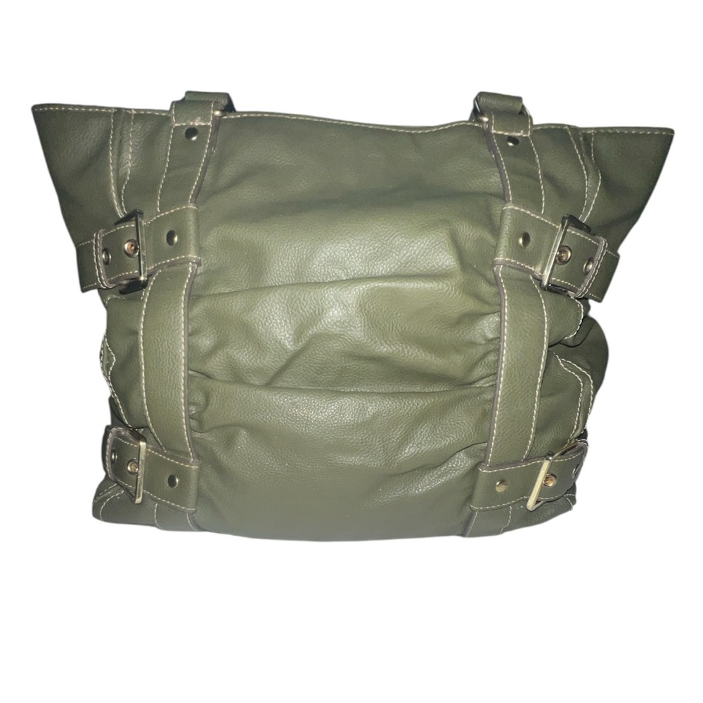 Y2K Olive Green Slouchy Hobo Bag White Contrast Stitch Buckle Accents